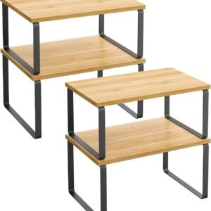 SONGMICS Organizer da Cucina, Set di 4 Ripiani da Banco, Scaffale per Armadietto, Impilabile, Espandibile, Metallo e MDF, Nero Inchiostro e Beige Naturale KCS10NB