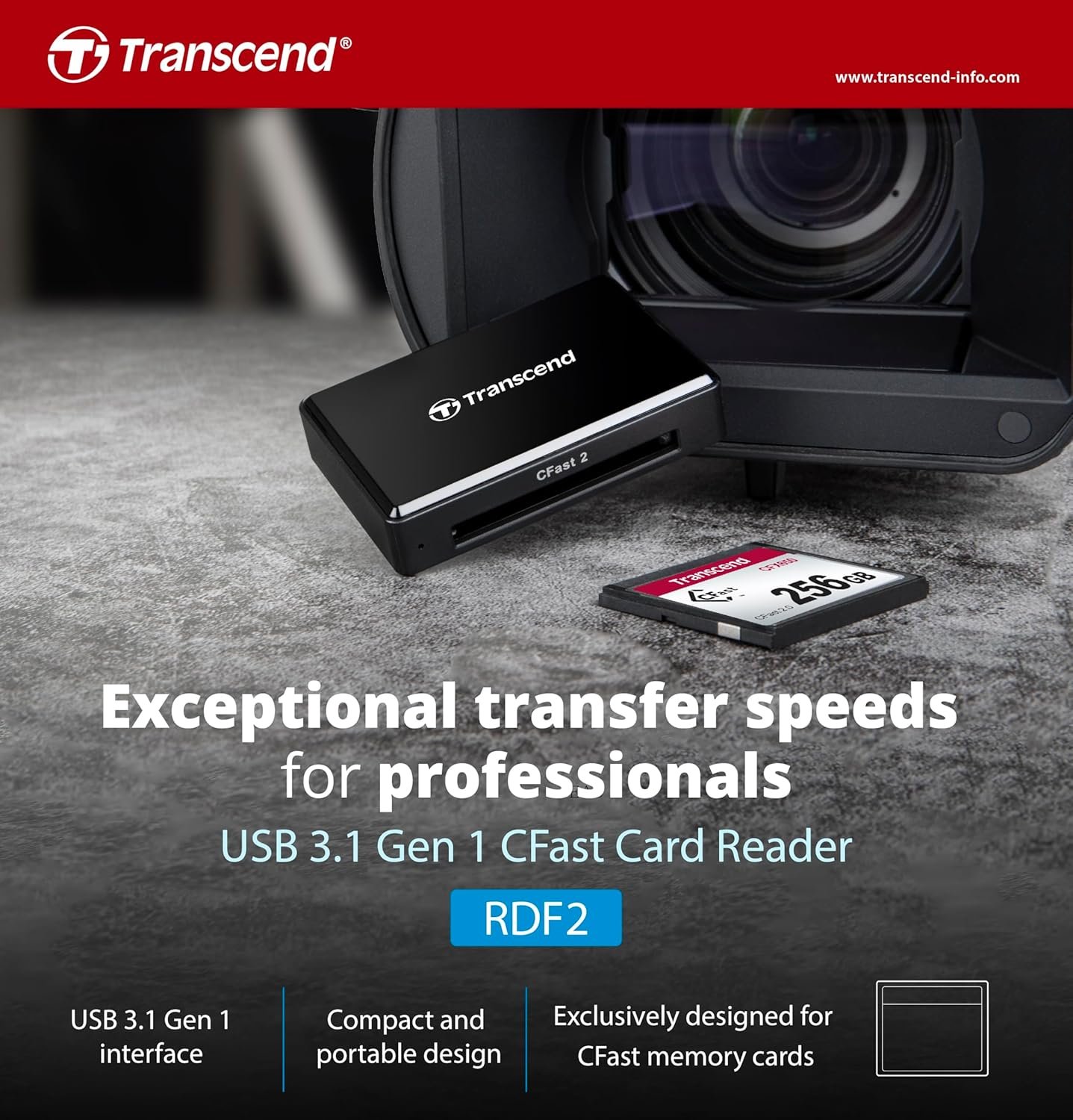Transcend USB 3.1 Gen 1 Card Reader Ideal for High Resolution Video, Raw Image Transfer and Post-Production, Black - TS-RDF2 - Image 4