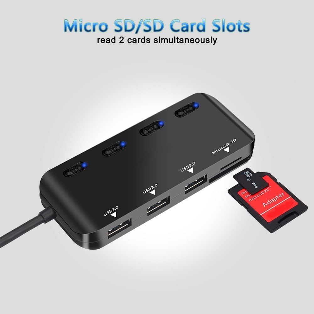 Hub USB 3.0 multi porta USB con lettore di schede SD/Micro SD, splitter USB a 3 porte per laptop, PC, Surface Pro, Mac, con adattatore USB-C - Image 3