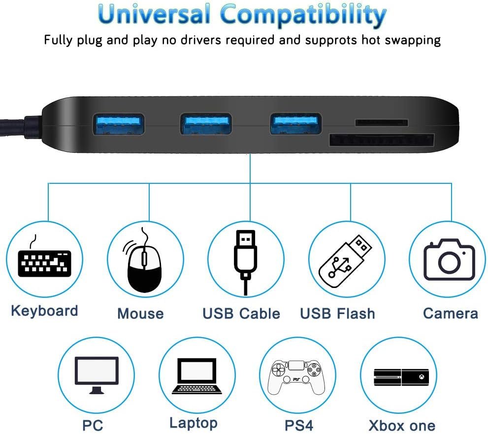 Hub USB 3.0 multi porta USB con lettore di schede SD/Micro SD, splitter USB a 3 porte per laptop, PC, Surface Pro, Mac, con adattatore USB-C - Image 6