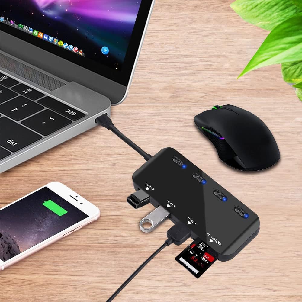 Hub USB 3.0 multi porta USB con lettore di schede SD/Micro SD, splitter USB a 3 porte per laptop, PC, Surface Pro, Mac, con adattatore USB-C - Image 7