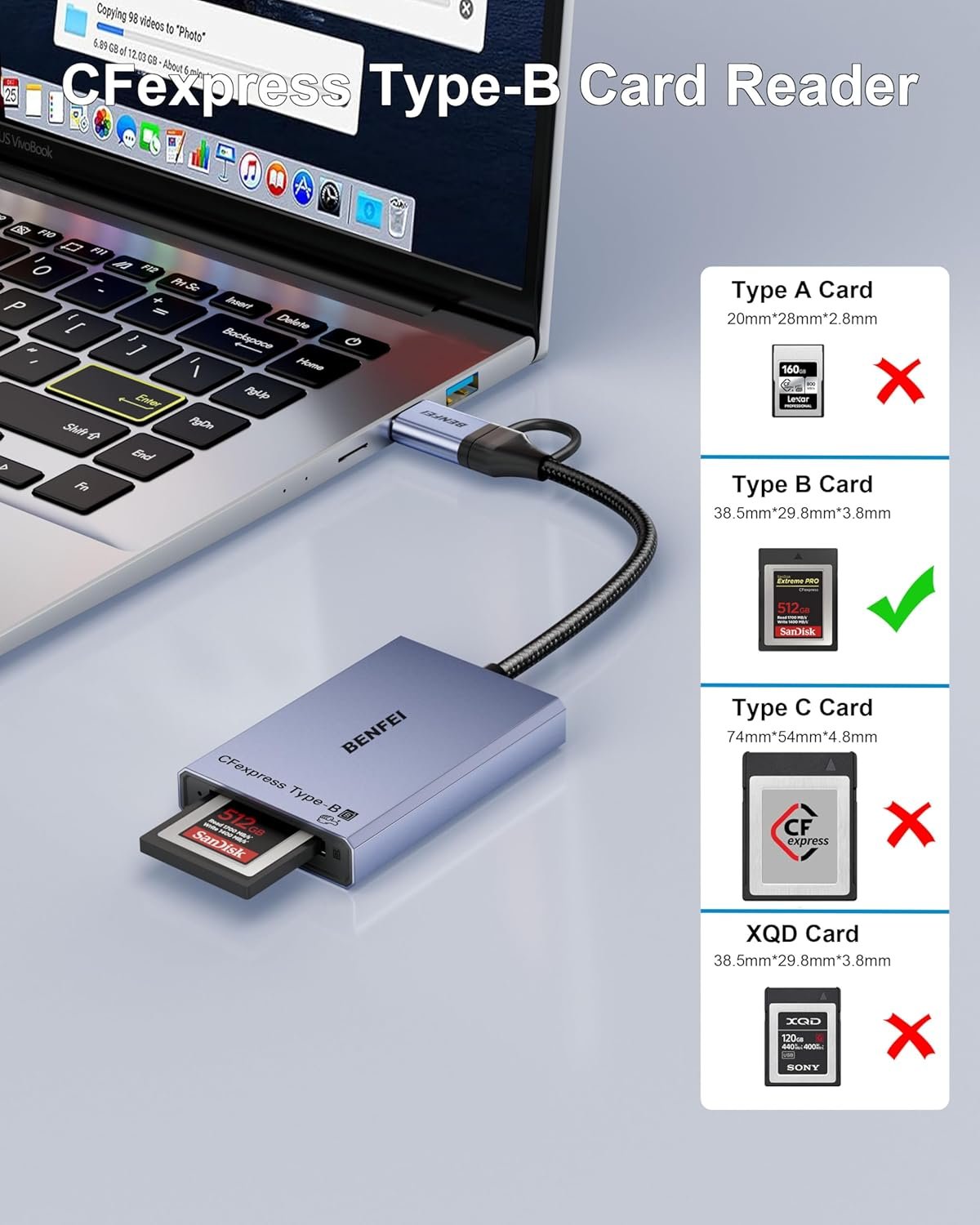 BENFEI CFexpress Type B Card Reader with USB 3.2 (Gen 2) 10Gbps 2-in-1 USB-C&USB-A CFexpress Type B Adapter Compatible with Windows/Mac/Linux/Android - Image 3