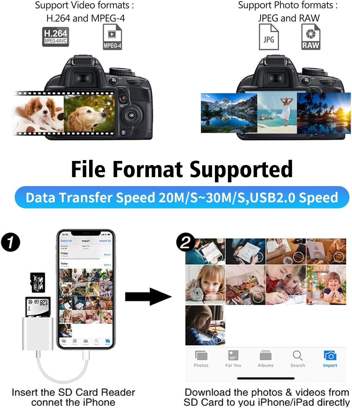SD Card Reader for iPhone 2-IN-1 Memory Card Viewer with Dual SD and TF Slot for iPhone 14/13/12/11/X/8/7/6/5 Series, iPad with Lightning Port(Support up to 1TB Capacity) - Image 6
