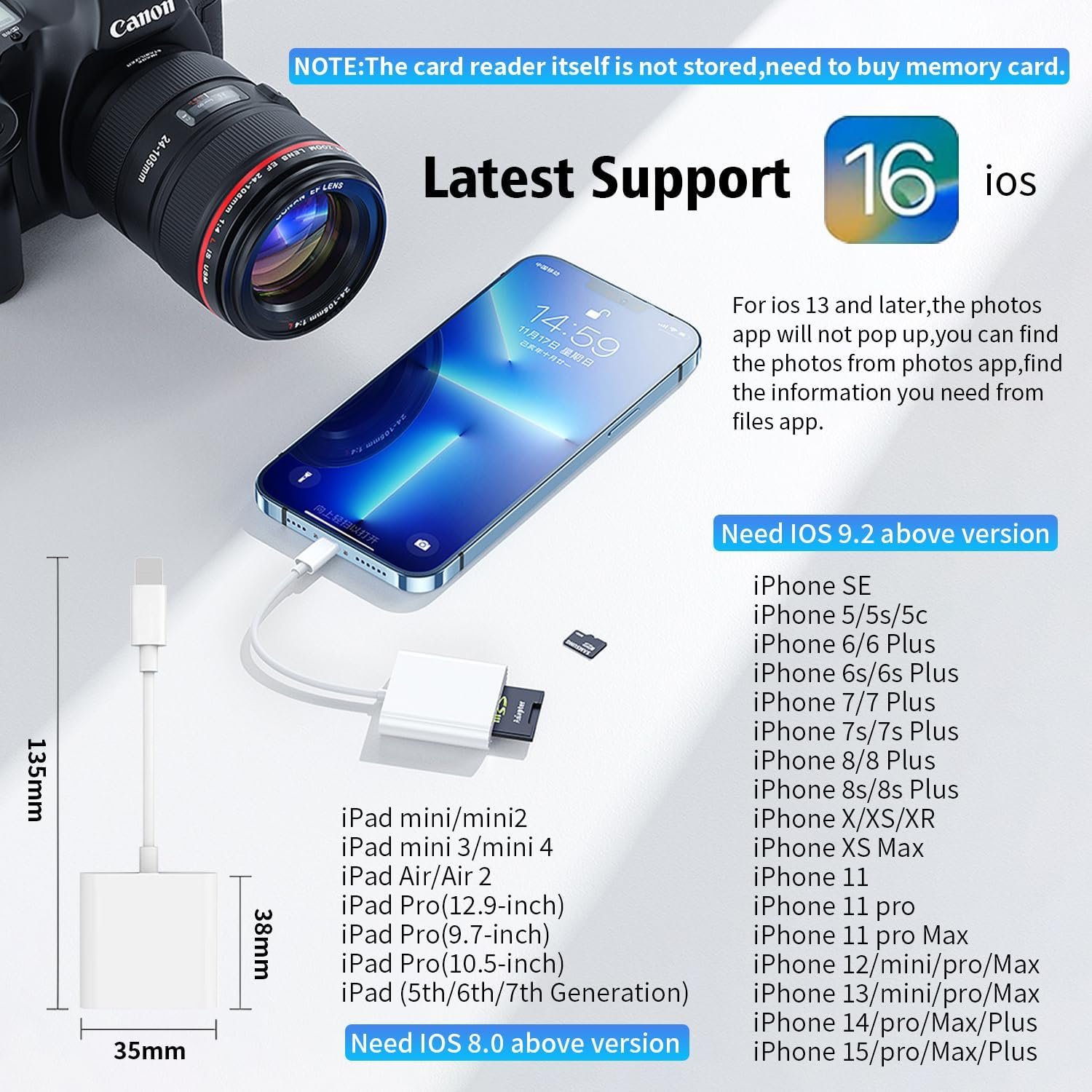 SD Card Reader for iPhone 2-IN-1 Memory Card Viewer with Dual SD and TF Slot for iPhone 14/13/12/11/X/8/7/6/5 Series, iPad with Lightning Port(Support up to 1TB Capacity) - Image 8