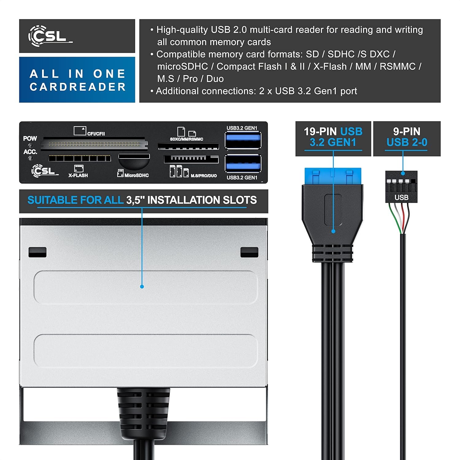 CSL - Card Reader Card Reader 3.5 Inch All in One USB 3.0 Super Speed - 2 USB 3.0 Ports - Multifunction Panel in Black - SD SDHC Mini Micro SDHC XD CF MD - Image 4
