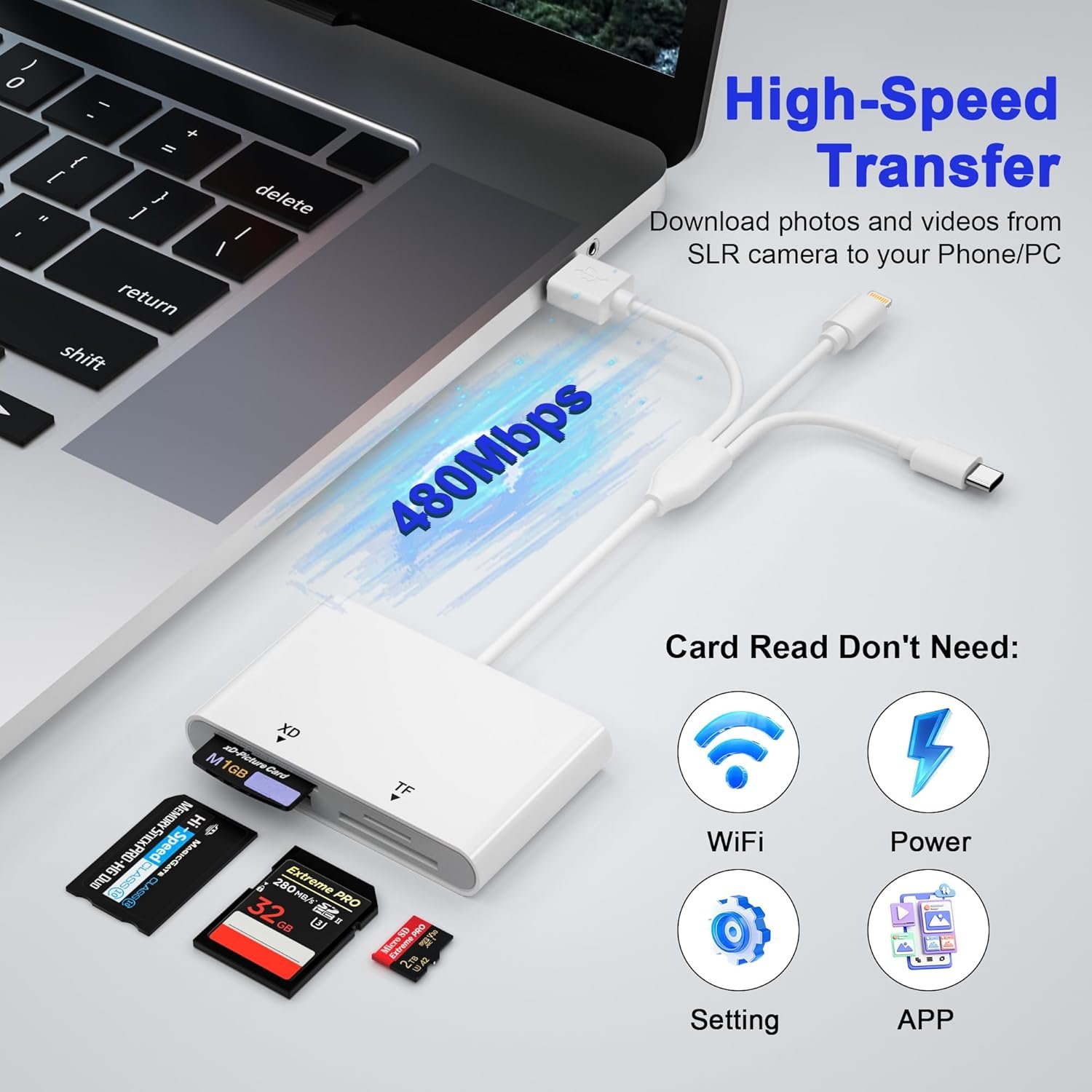 4 in 1 Card Reader for SD/TF/MS/XD, Memory Stick Pro Duo Adapter for iPhone/iPad/PC/Android, SD Card Reader with USB C/Lightning/USB and OTG, XD Picture Card Adapter for Olympus Plug & Play - Image 5