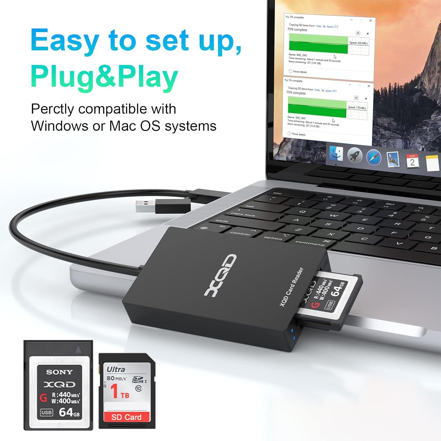 XQD USB 3.0 SD Card Reader, USBA/Type C XQD/SD Card Reader, Dual Slot, Memory Card Reader, Compatible with Sony G/M Series, Lexar Mark Cards, Sony G Series, for Windows/Mac OS/Linux - Image 5