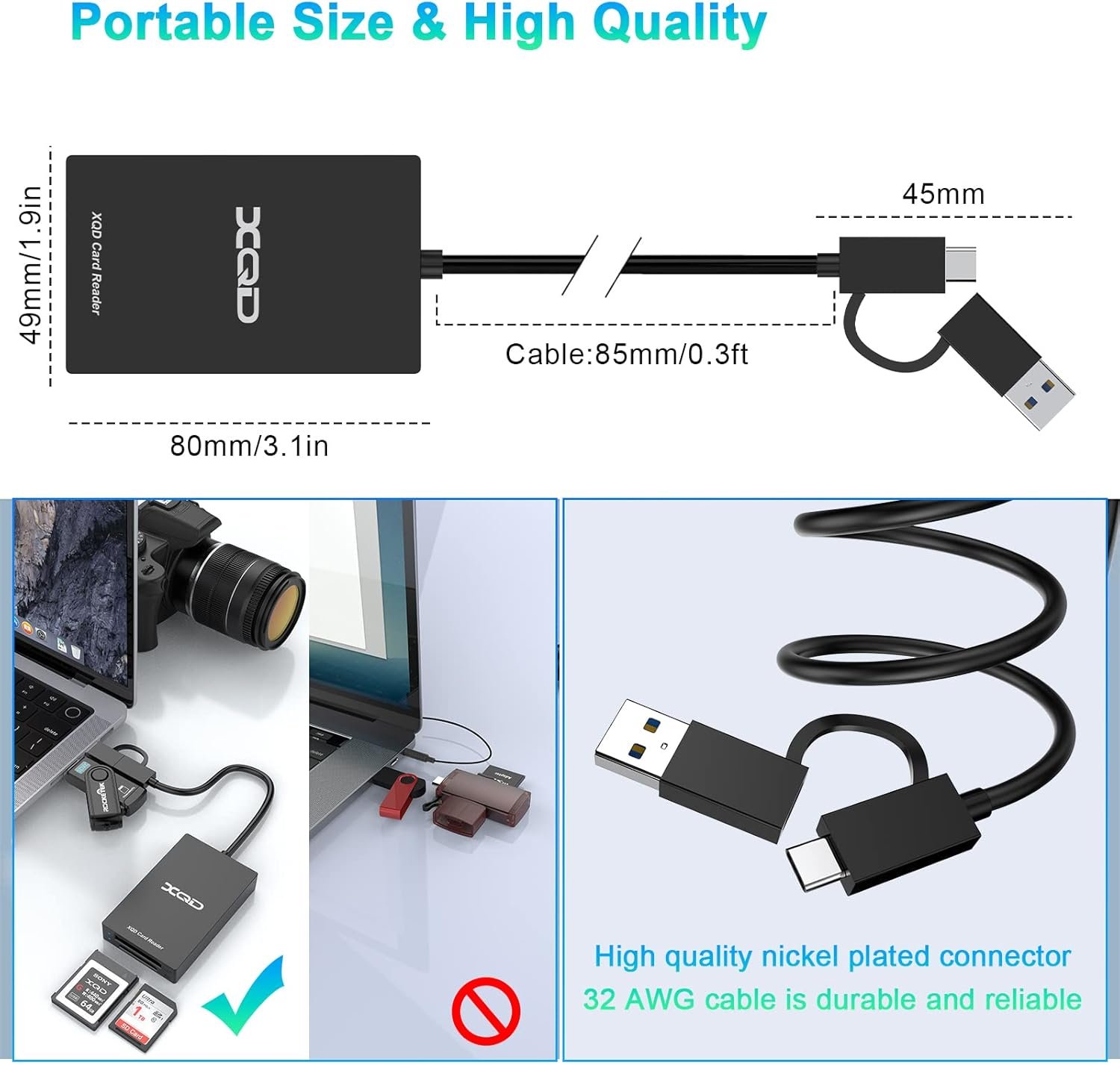XQD USB 3.0 SD Card Reader, USBA/Type C XQD/SD Card Reader, Dual Slot, Memory Card Reader, Compatible with Sony G/M Series, Lexar Mark Cards, Sony G Series, for Windows/Mac OS/Linux - Image 7