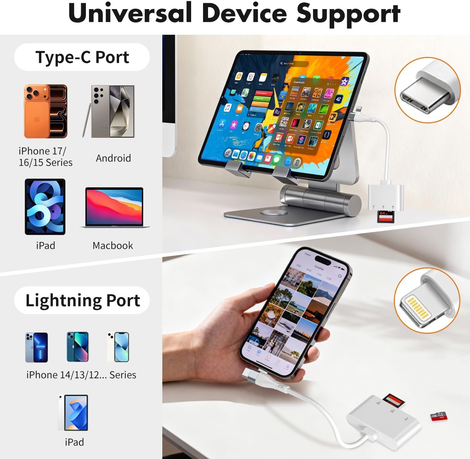 XD Card Reader, Lightning / USB-C Card Reader for iPhone, 3 in 1 SD/TF/XD Adapter for iPhone 17/16/15/14/Macbook/Android/PC, Compatible with Olympus xD Image Card Reader - Image 4