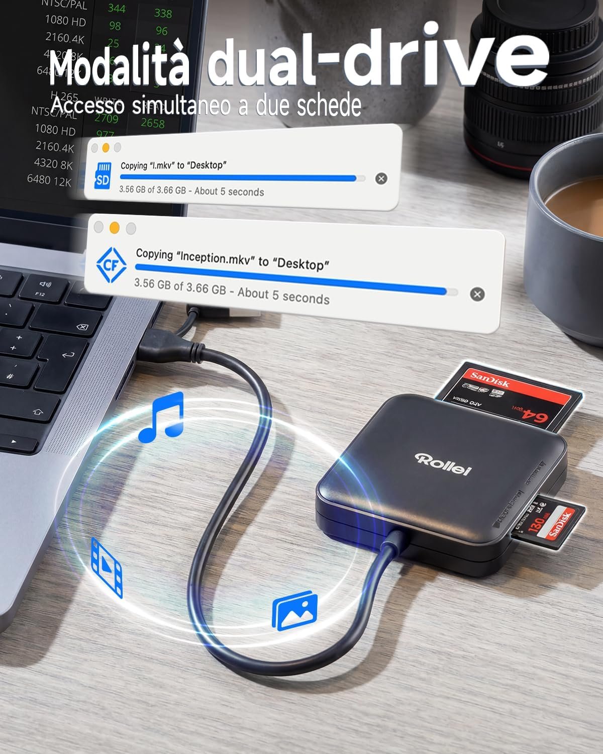 Lettore di Schede 4 in 1 Rollei Card Reader per SD microSD CF MS con USB 3.0 & USB C Supporta Lettura Simultanea di 2 Schede OTG per Serie iPhone 17/16/15 Android Mac, Lettore-Schede-SD-Card-Reader - Image 4