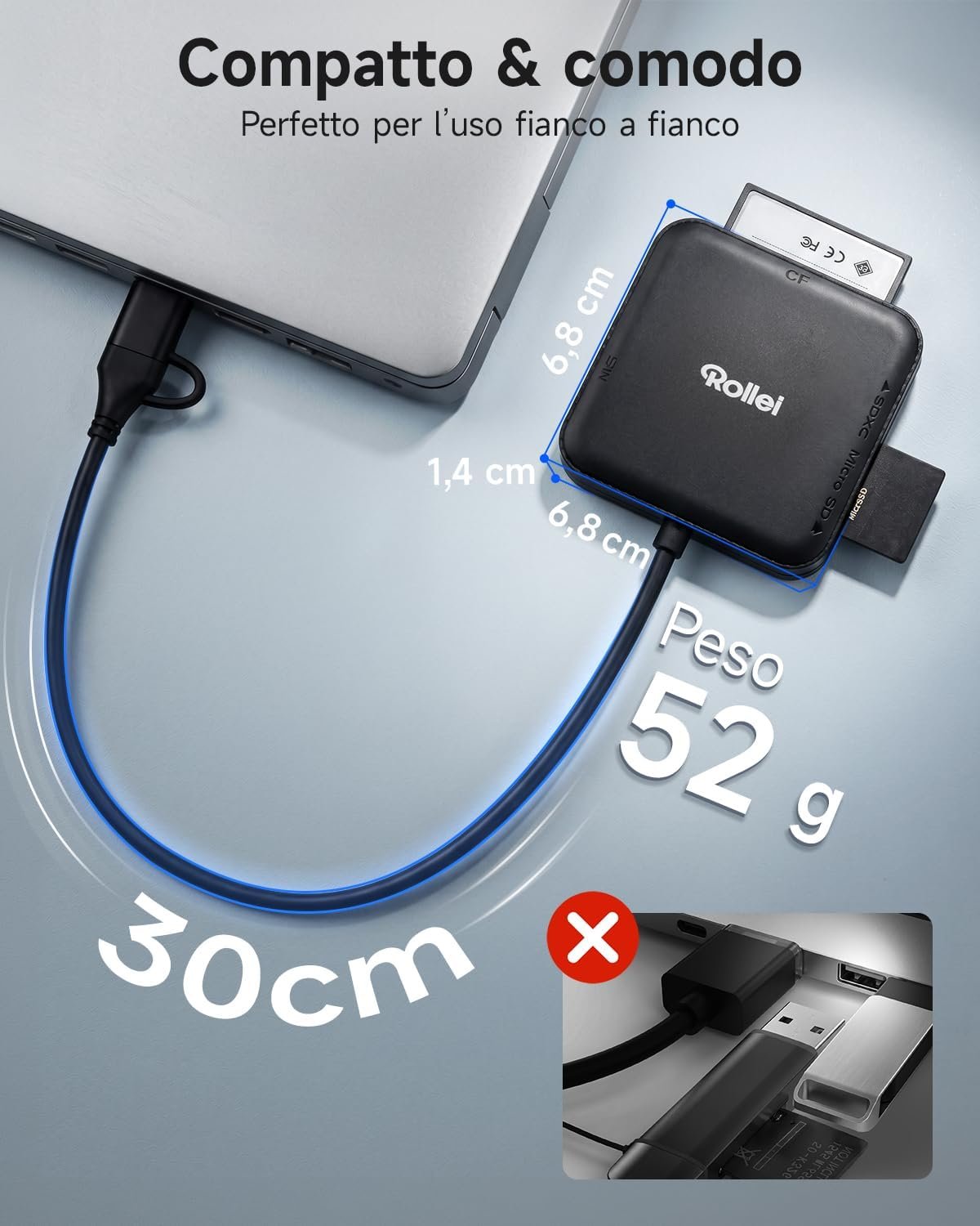 Lettore di Schede 4 in 1 Rollei Card Reader per SD microSD CF MS con USB 3.0 & USB C Supporta Lettura Simultanea di 2 Schede OTG per Serie iPhone 17/16/15 Android Mac, Lettore-Schede-SD-Card-Reader - Image 8