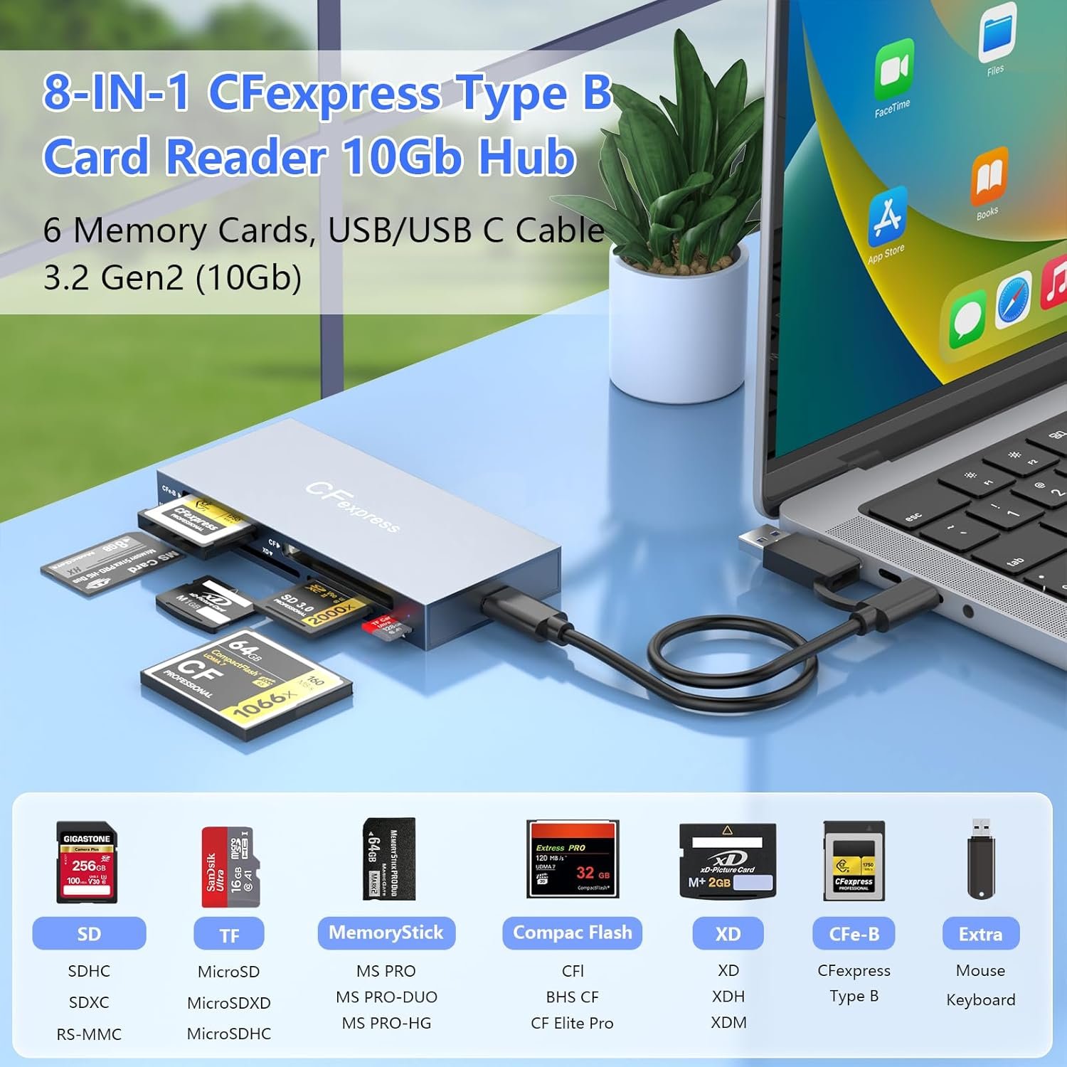 CFexpress Card Reader Type B 8 in 1, Multiple CF Express Reader for CFexpress Reader Type B/CF/XD/MS/TF/SD, CFexpress Reader Adapter Type B for Windows/Mac/Linux/Android - Image 4