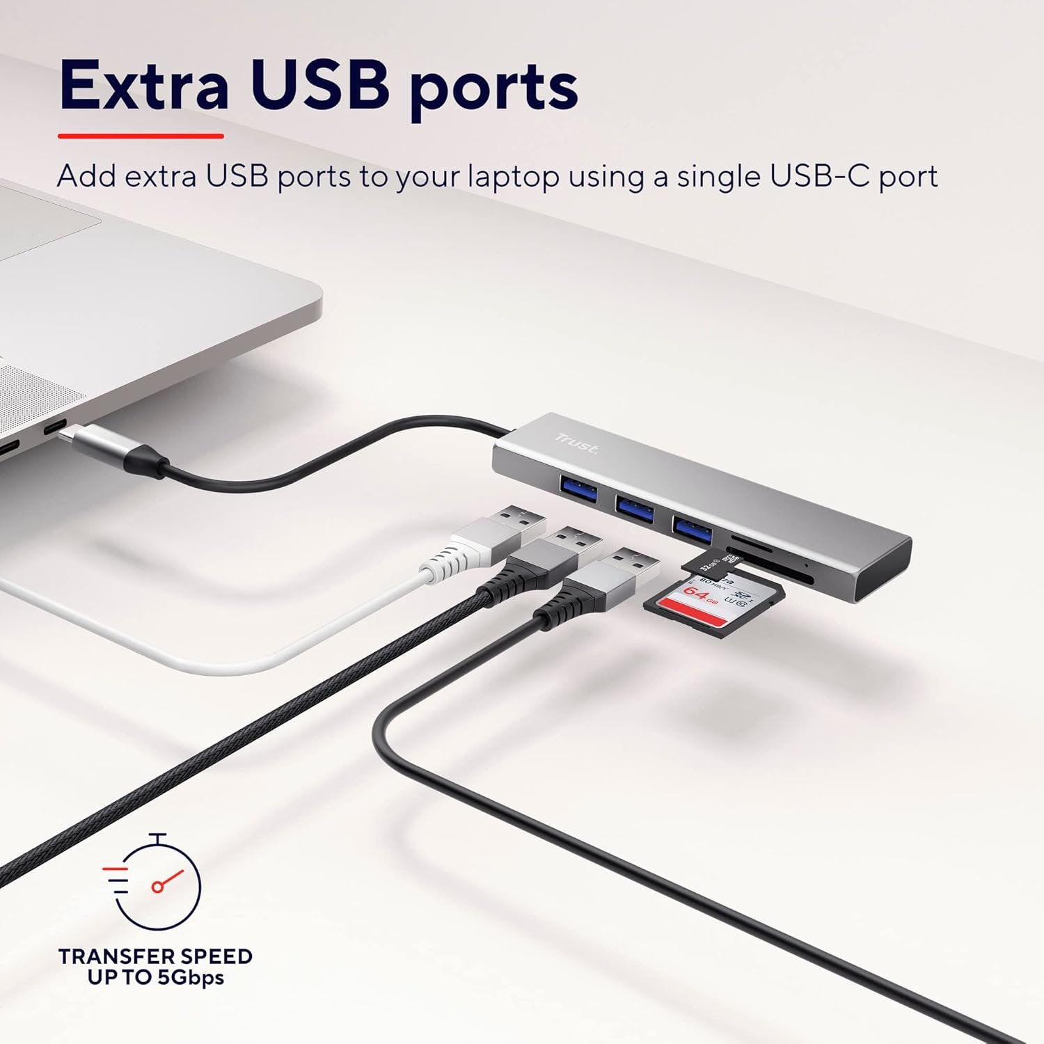 Trust Halyx USB-C Fast Hub and Card Reader, 5Gbps with USB 3.2 Gen 1, SD Card Reader and Micro-SD 104MB/s, (Micro) SD, SDHC and SDXC up to 2TB, PC/Laptop/Macbook/Chromebook - Image 4