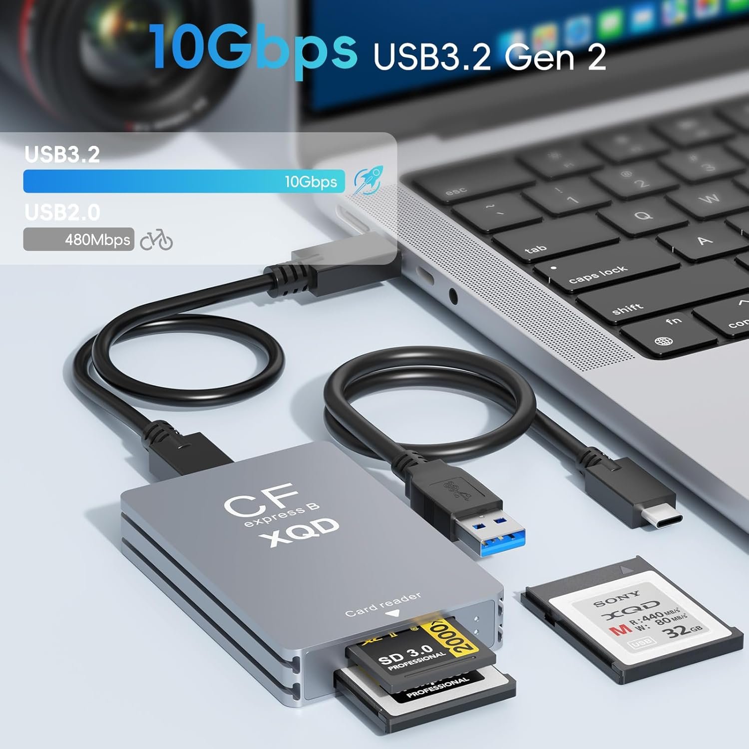 3 in 1 CFexpress Card Reader Type B Y XQD y SD with USB 3.2(Gen2)10 Gbit/s, CFe Memory Card Reader Type B & XQD Card Reader Adapter for Windows/Mac/Linux/Android with USB-C/US B-A Cable - Image 3
