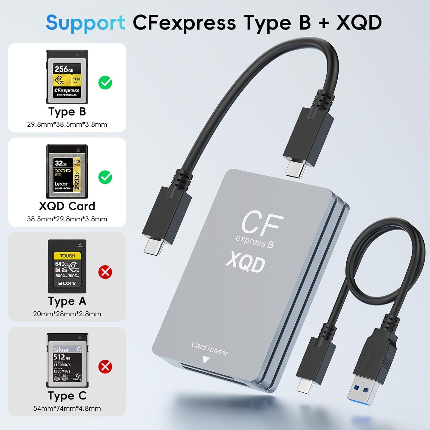 3 in 1 CFexpress Card Reader Type B Y XQD y SD with USB 3.2(Gen2)10 Gbit/s, CFe Memory Card Reader Type B & XQD Card Reader Adapter for Windows/Mac/Linux/Android with USB-C/US B-A Cable - Image 6