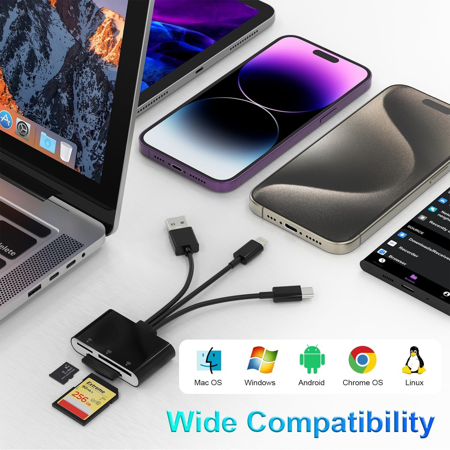 Lettore Schede XD, Adattatore SD per iPhone, Adattatore Schede di Memoria SD/TF/XD 3 in 1 per Dispositivi Lightning/USB C/USB A, Lettore TF Card per iPhone 17/16/15/14, iPad, MacBook, Android, PC - Image 6