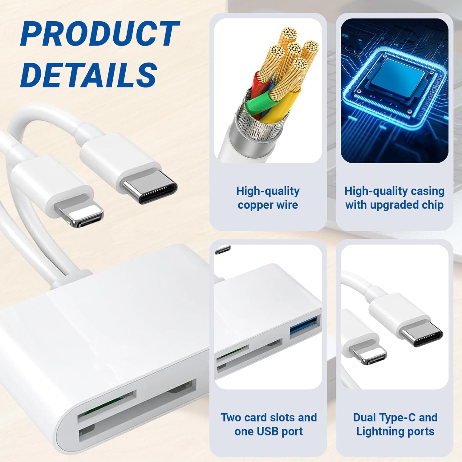 3 in 2 Lettore Schede SD, Adattatore Lettore di Schede SD USB C Lightning, SD Card Reader Compatibile con iPhone/iPad/Macbook/Android, OTG, Adattatore Scheda SD per SD/MicroSD/USB, Plug and Play - Image 5