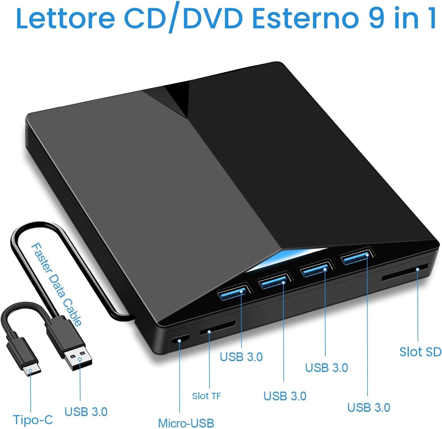 Lettore CD/DVD Esterno per PC, Masterizzatore Portatile Unità Esterna USB 3.0 CD/DVD -/+RW Drive con 4 Porte USB e 2 Lettore di Schede TF/SD per Laptop/Desktop/Windows 11/10/8/7/XP/Vista/Linux - Image 3