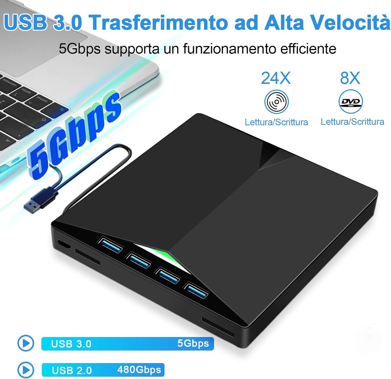 Lettore CD/DVD Esterno per PC, Masterizzatore Portatile Unità Esterna USB 3.0 CD/DVD -/+RW Drive con 4 Porte USB e 2 Lettore di Schede TF/SD per Laptop/Desktop/Windows 11/10/8/7/XP/Vista/Linux - Image 4