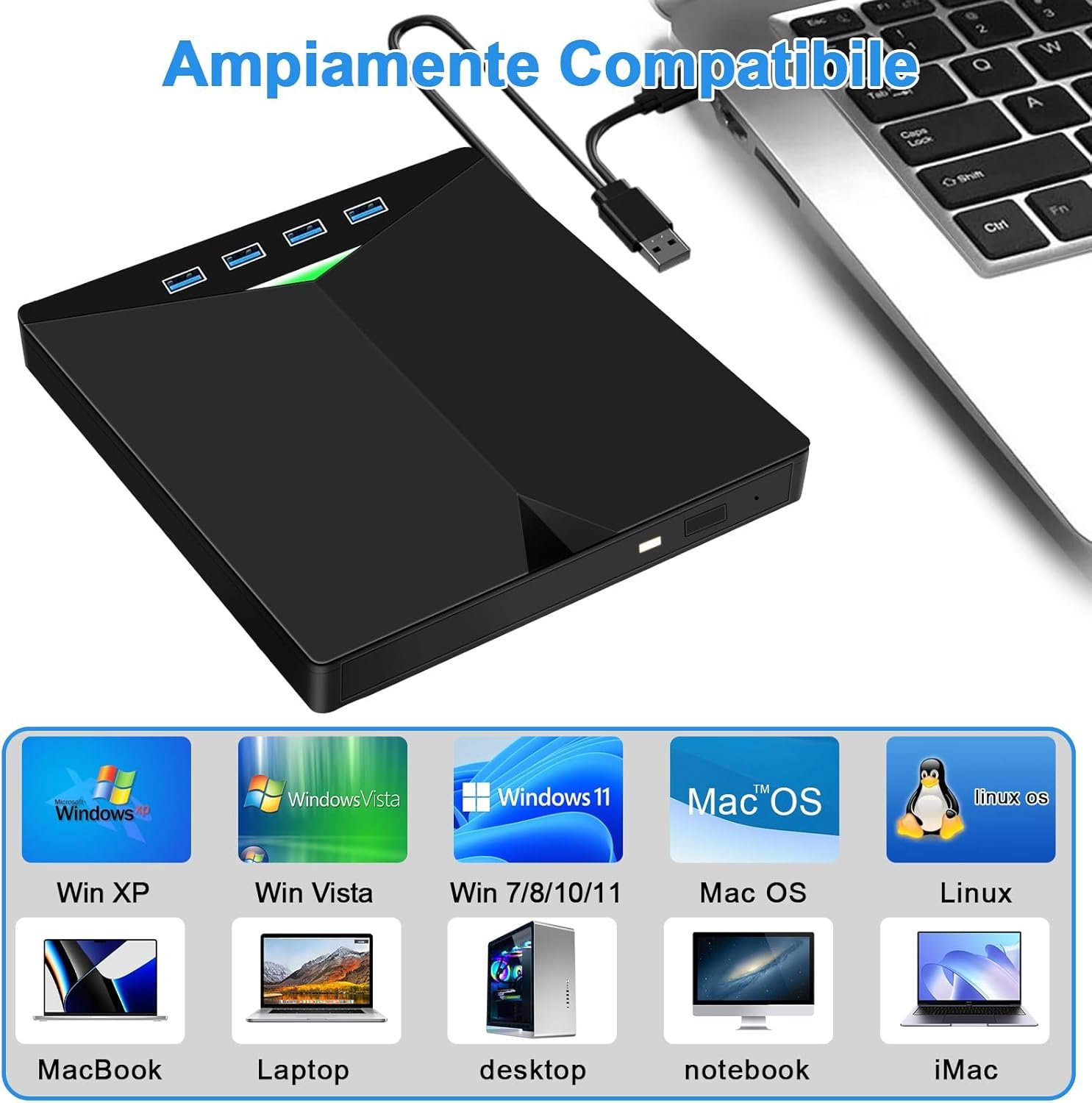 Lettore CD/DVD Esterno per PC, Masterizzatore Portatile Unità Esterna USB 3.0 CD/DVD -/+RW Drive con 4 Porte USB e 2 Lettore di Schede TF/SD per Laptop/Desktop/Windows 11/10/8/7/XP/Vista/Linux - Image 6
