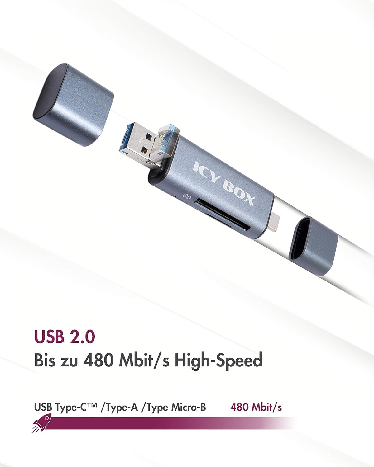 ICY BOX - USB OTG Card Reader for Android Smartphones and Tablets, SD and Micro SD, 3 USB Ports (USB-C, USB-A, Micro USB), External, Grey - Image 3