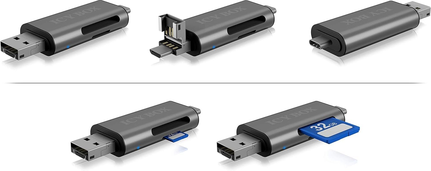 ICY BOX - USB OTG Card Reader for Android Smartphones and Tablets, SD and Micro SD, 3 USB Ports (USB-C, USB-A, Micro USB), External, Grey - Image 4