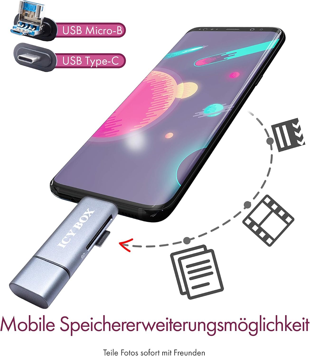 ICY BOX - USB OTG Card Reader for Android Smartphones and Tablets, SD and Micro SD, 3 USB Ports (USB-C, USB-A, Micro USB), External, Grey - Image 5