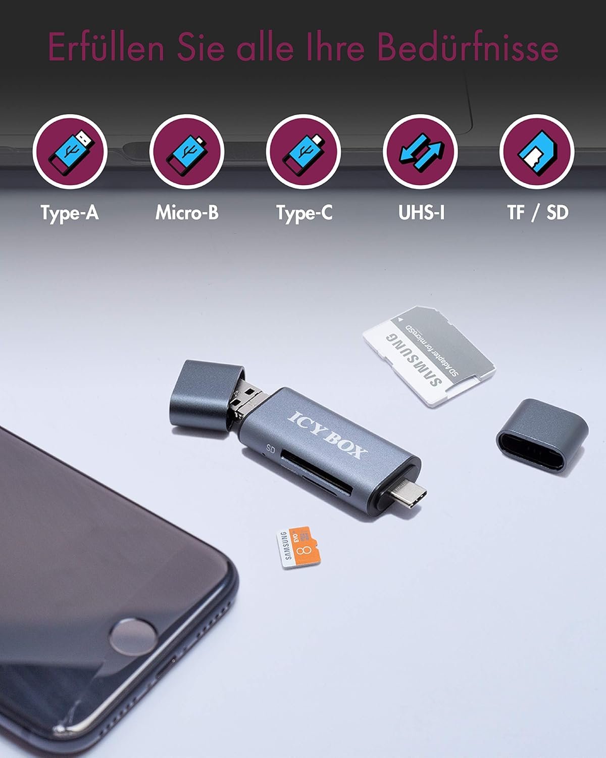 ICY BOX - USB OTG Card Reader for Android Smartphones and Tablets, SD and Micro SD, 3 USB Ports (USB-C, USB-A, Micro USB), External, Grey - Image 9