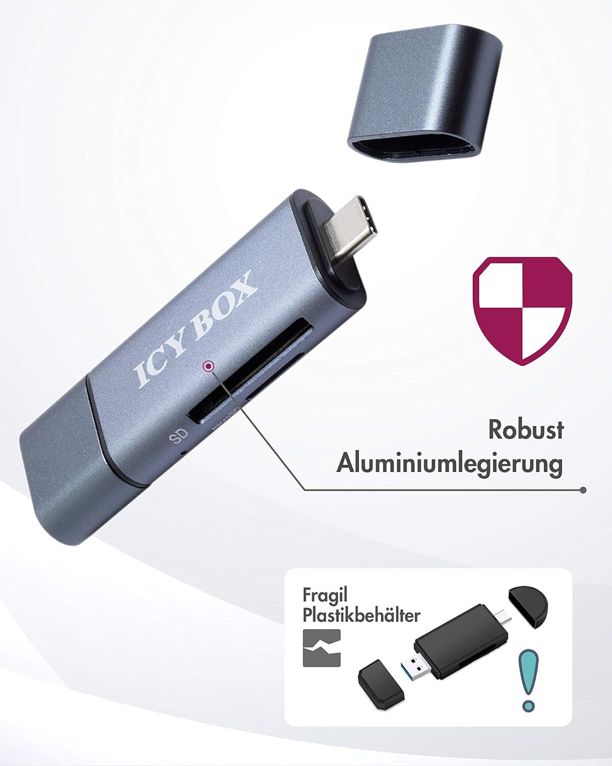 ICY BOX - USB OTG Card Reader for Android Smartphones and Tablets, SD and Micro SD, 3 USB Ports (USB-C, USB-A, Micro USB), External, Grey - Image 10