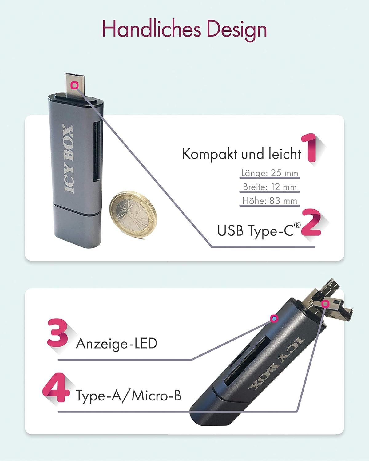 ICY BOX - USB OTG Card Reader for Android Smartphones and Tablets, SD and Micro SD, 3 USB Ports (USB-C, USB-A, Micro USB), External, Grey - Image 11