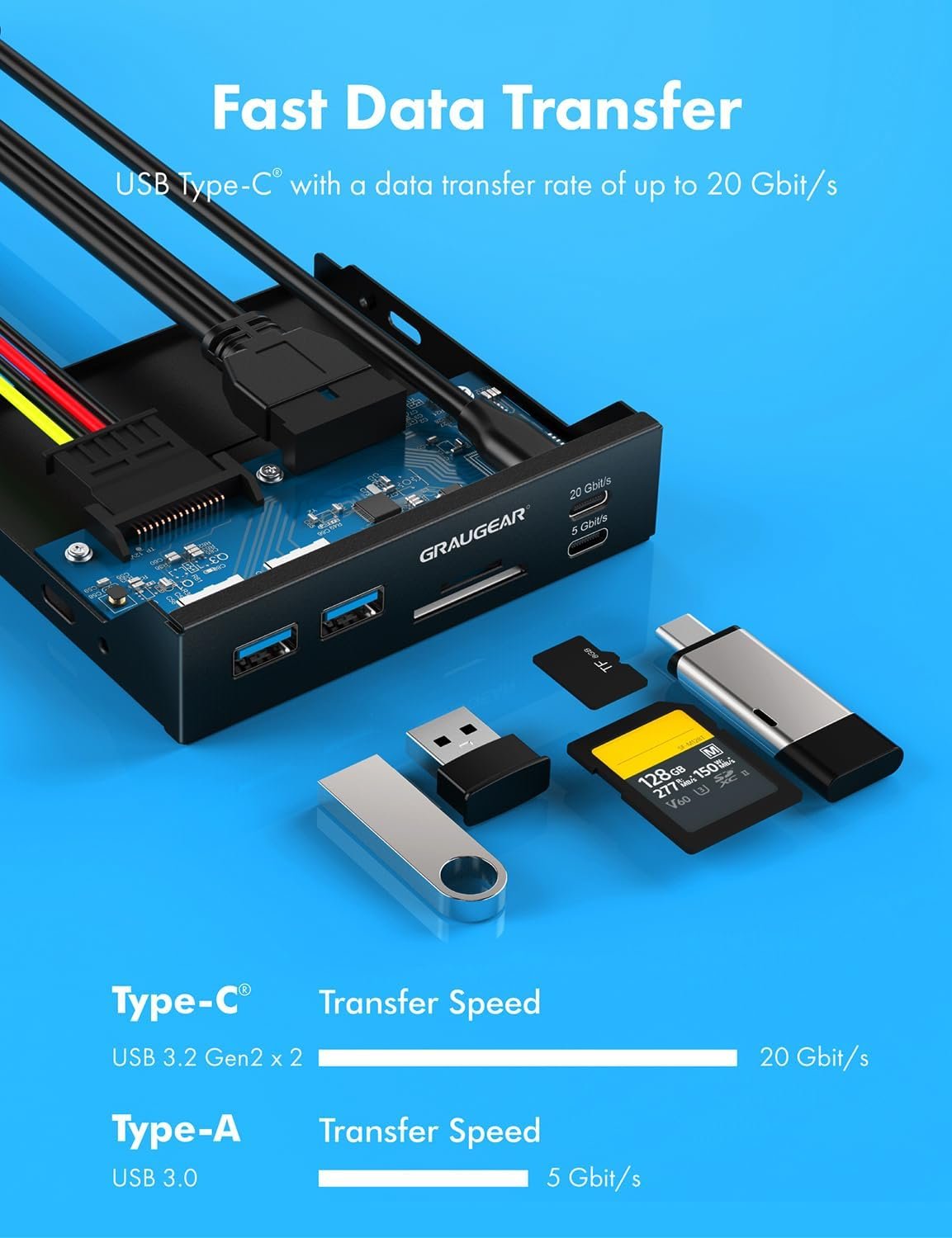 GRAUGEAR | Multi Faceplate | 2xUSB-C & 2xUSB-A HUB | SD/Micro SD Card Reader | Type-C USB 3.2 Gen2 2x2 20/Gbps | 6 Front Interfaces for 3.5 Inch | 19-Pin & A-Key 20-Pin | G-MP01CR - Image 3