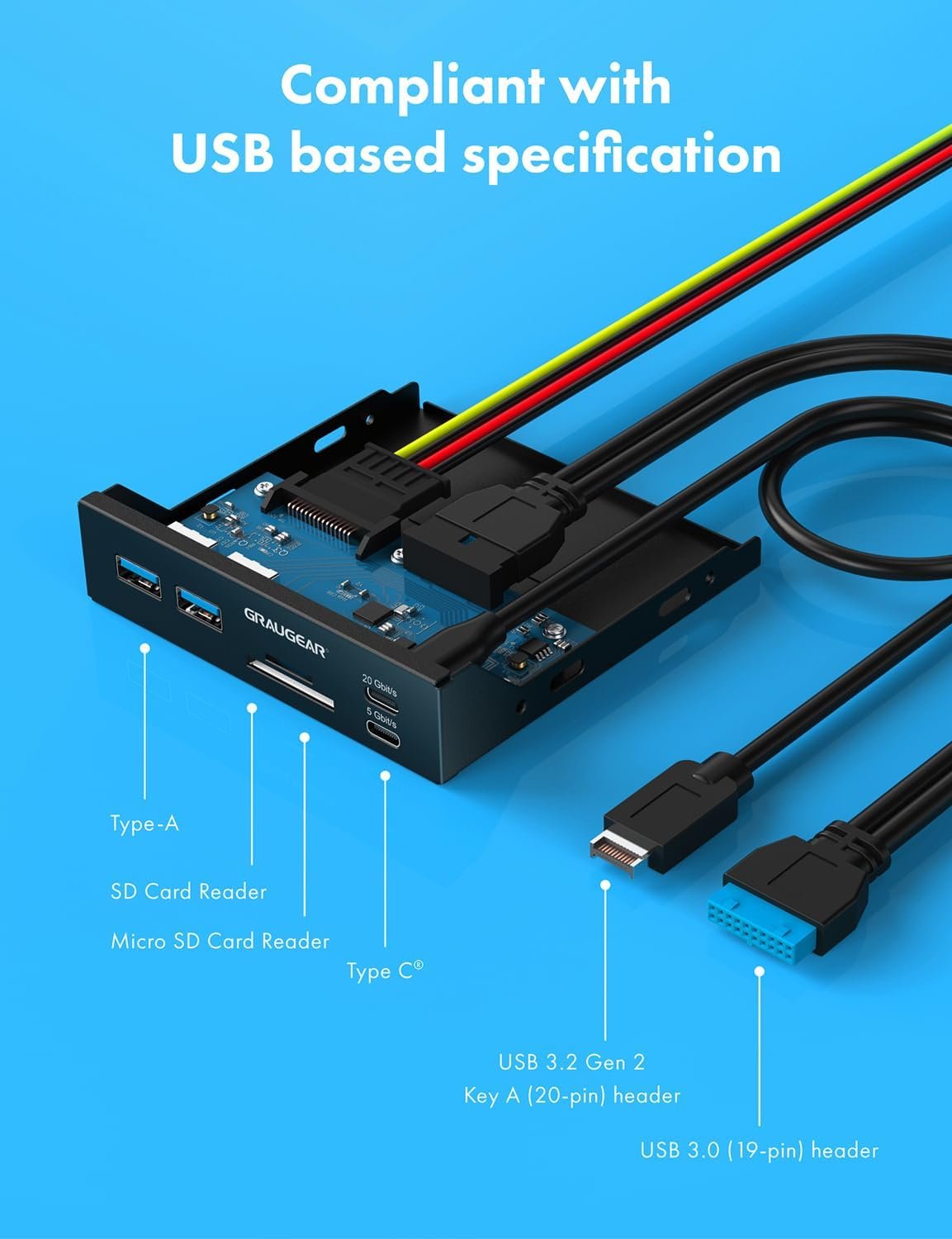 GRAUGEAR | Multi Faceplate | 2xUSB-C & 2xUSB-A HUB | SD/Micro SD Card Reader | Type-C USB 3.2 Gen2 2x2 20/Gbps | 6 Front Interfaces for 3.5 Inch | 19-Pin & A-Key 20-Pin | G-MP01CR - Image 6