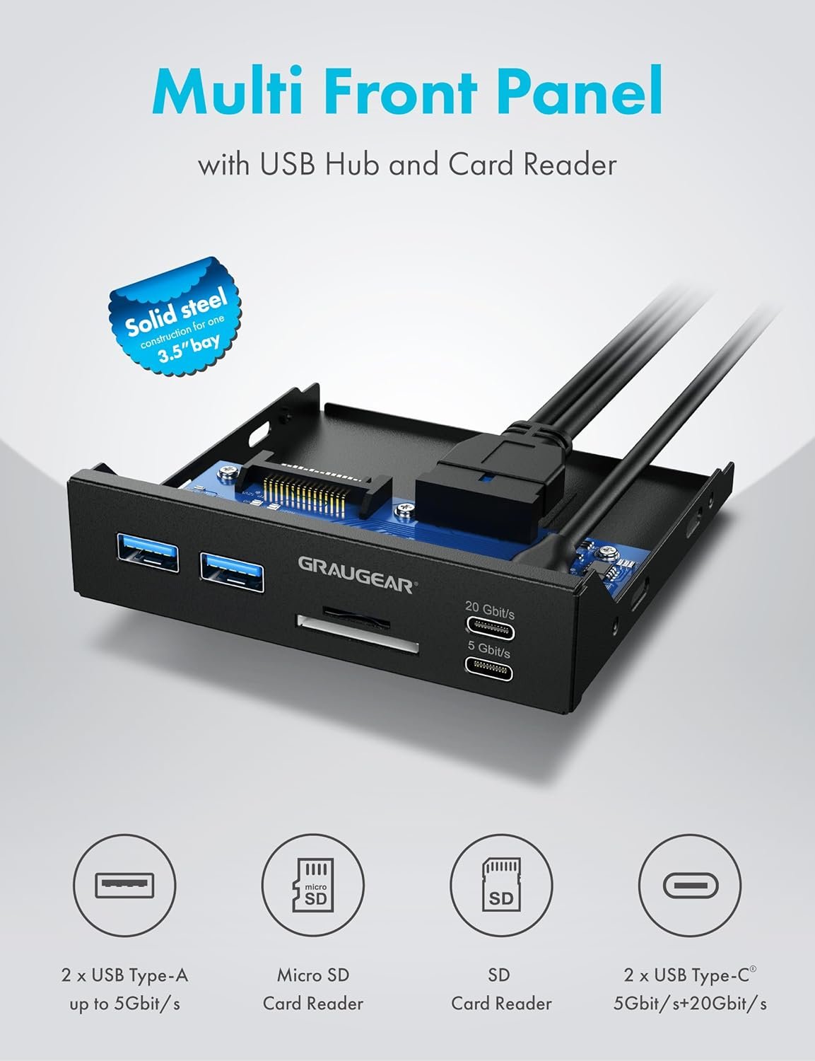 GRAUGEAR | Multi Faceplate | 2xUSB-C & 2xUSB-A HUB | SD/Micro SD Card Reader | Type-C USB 3.2 Gen2 2x2 20/Gbps | 6 Front Interfaces for 3.5 Inch | 19-Pin & A-Key 20-Pin | G-MP01CR - Image 7