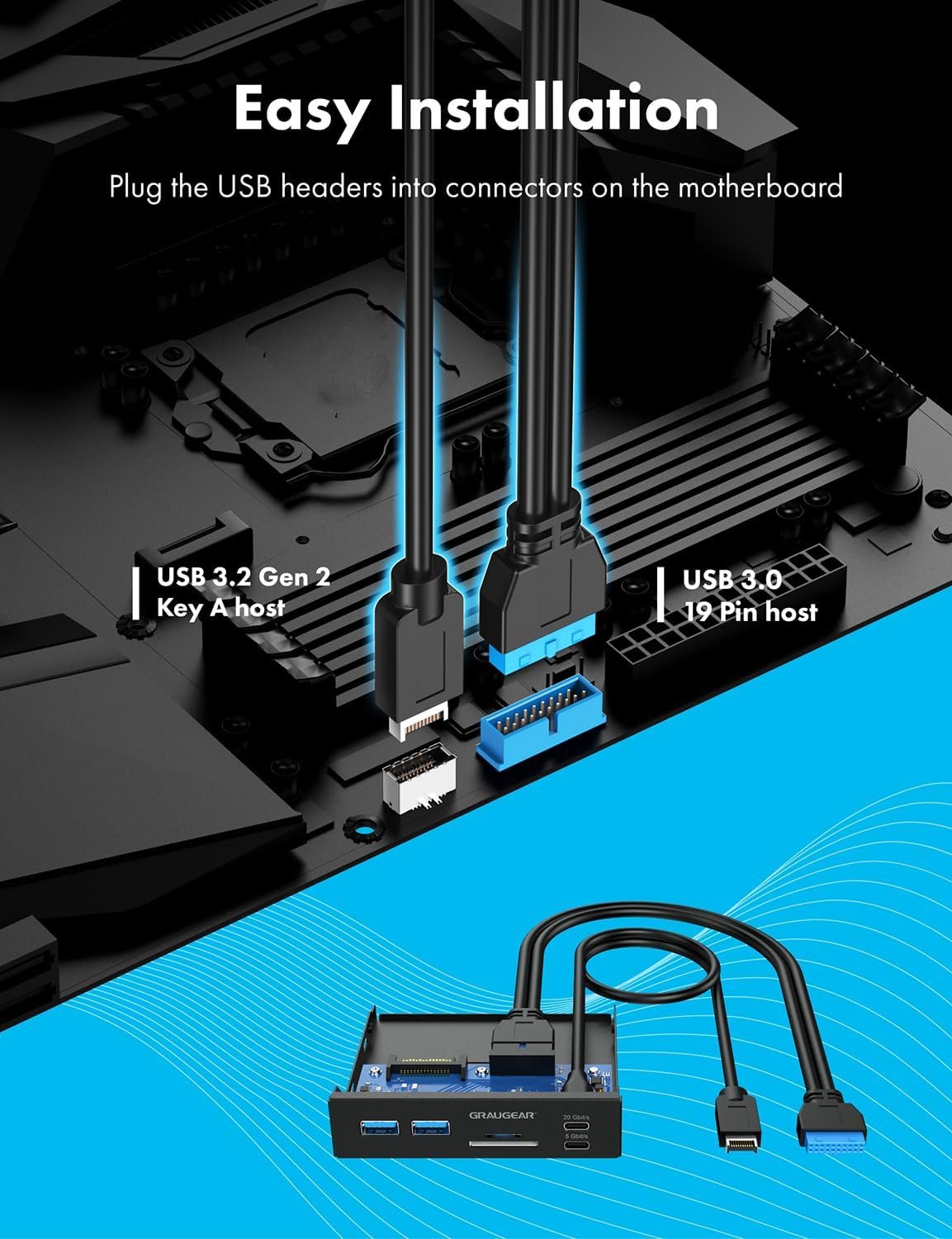 GRAUGEAR | Multi Faceplate | 2xUSB-C & 2xUSB-A HUB | SD/Micro SD Card Reader | Type-C USB 3.2 Gen2 2x2 20/Gbps | 6 Front Interfaces for 3.5 Inch | 19-Pin & A-Key 20-Pin | G-MP01CR - Image 8