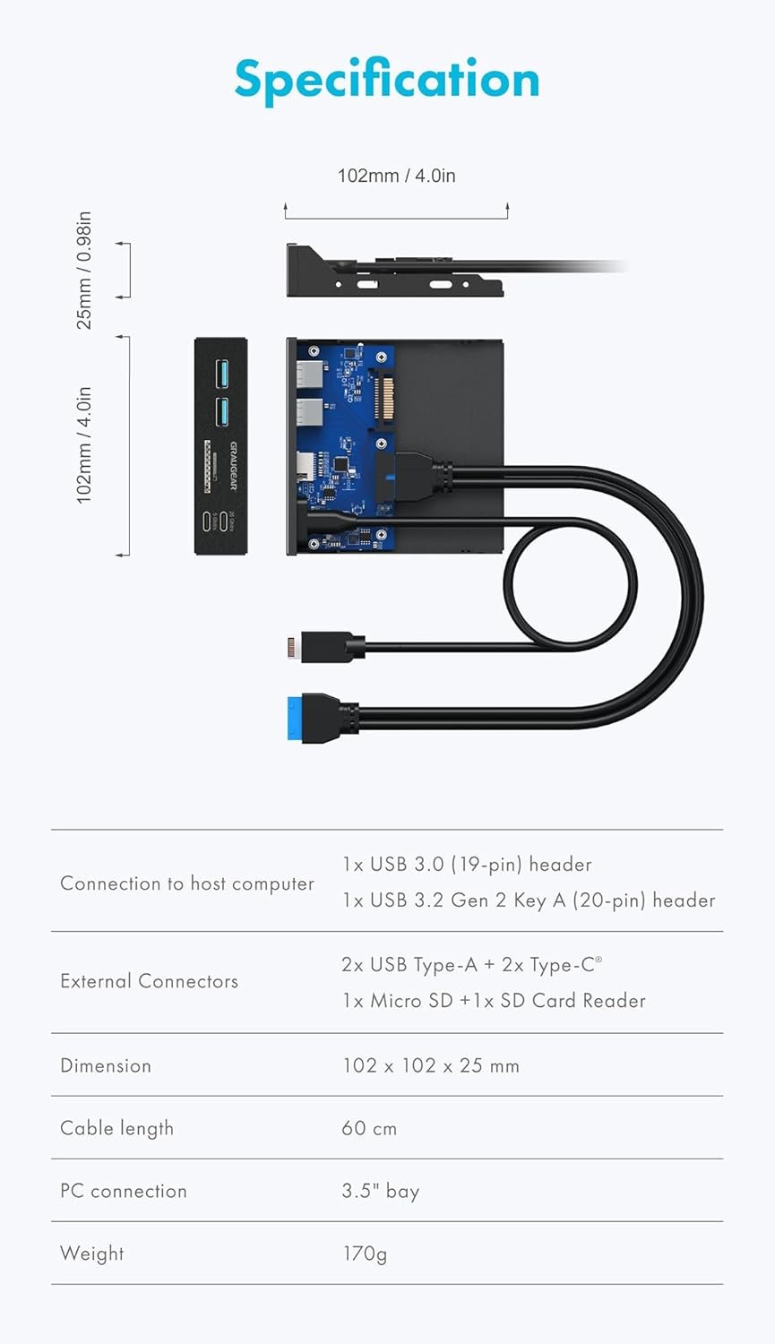 GRAUGEAR | Multi Faceplate | 2xUSB-C & 2xUSB-A HUB | SD/Micro SD Card Reader | Type-C USB 3.2 Gen2 2x2 20/Gbps | 6 Front Interfaces for 3.5 Inch | 19-Pin & A-Key 20-Pin | G-MP01CR - Image 9