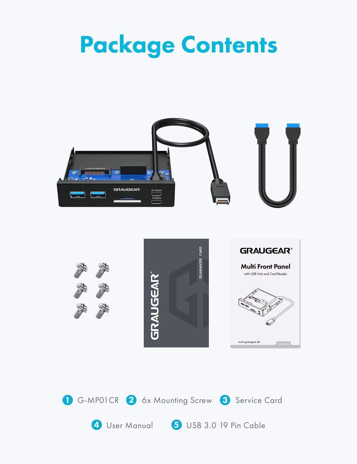 GRAUGEAR | Multi Faceplate | 2xUSB-C & 2xUSB-A HUB | SD/Micro SD Card Reader | Type-C USB 3.2 Gen2 2x2 20/Gbps | 6 Front Interfaces for 3.5 Inch | 19-Pin & A-Key 20-Pin | G-MP01CR - Image 10