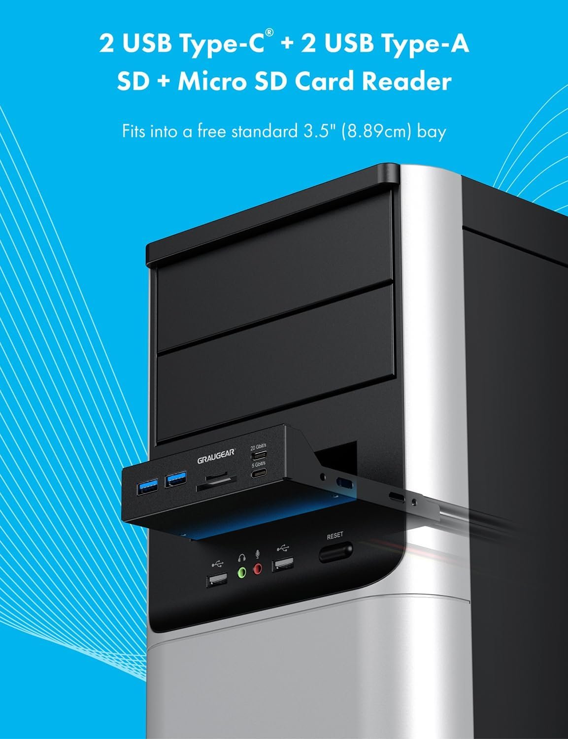 GRAUGEAR | Multi Faceplate | 2xUSB-C & 2xUSB-A HUB | SD/Micro SD Card Reader | Type-C USB 3.2 Gen2 2x2 20/Gbps | 6 Front Interfaces for 3.5 Inch | 19-Pin & A-Key 20-Pin | G-MP01CR - Image 11
