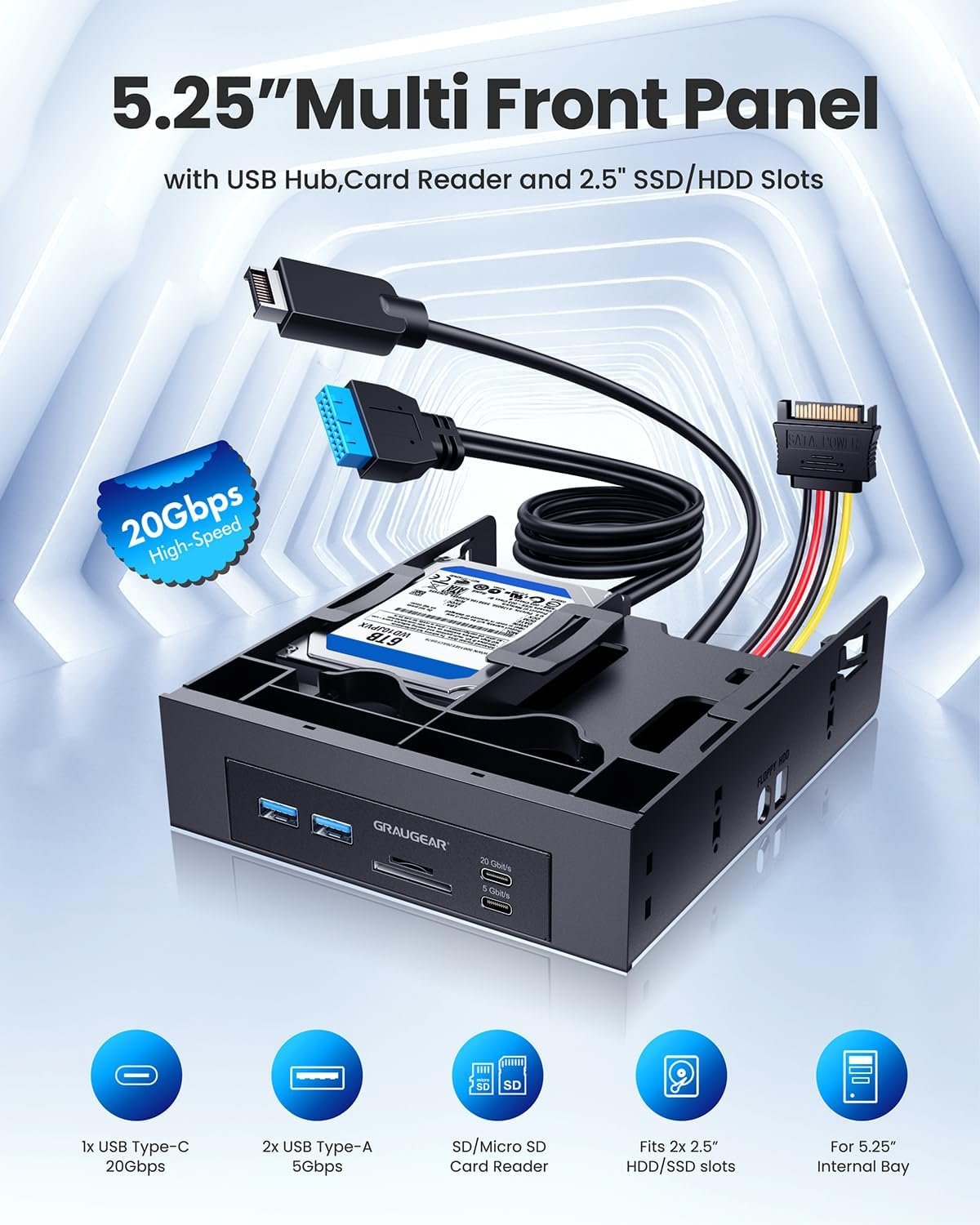 GRAUGEAR 5.25" Front Panel USB Hub, Internal SD/MicroSD Card Reader for Desktop PC, USB-C Gen2x2 20Gbps Port, Dual 2.5" SSD/HDD Slot, USB 3.2 Type-E Key-A and USB 3.0 19-Pin Header - Image 3