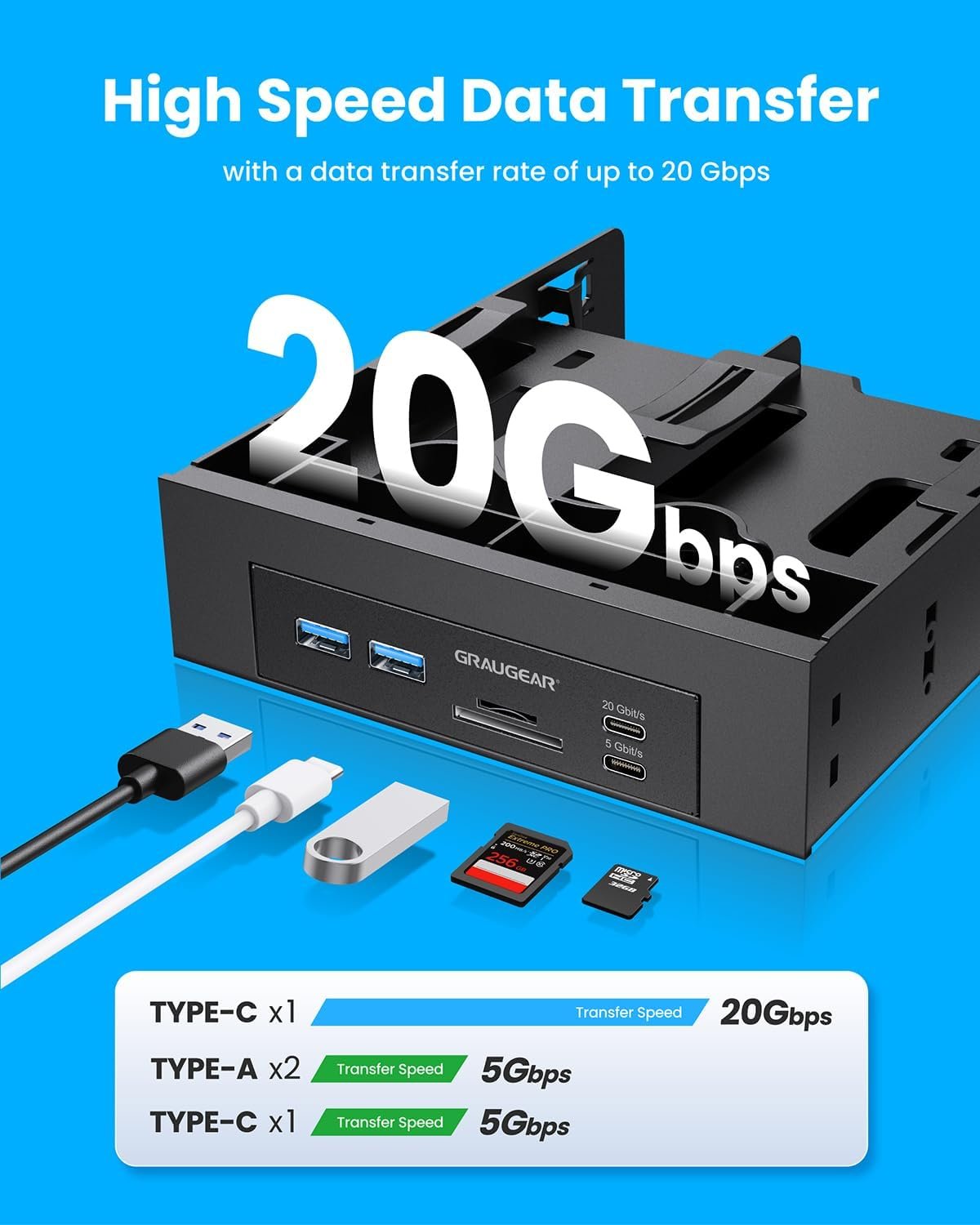 GRAUGEAR 5.25" Front Panel USB Hub, Internal SD/MicroSD Card Reader for Desktop PC, USB-C Gen2x2 20Gbps Port, Dual 2.5" SSD/HDD Slot, USB 3.2 Type-E Key-A and USB 3.0 19-Pin Header - Image 4