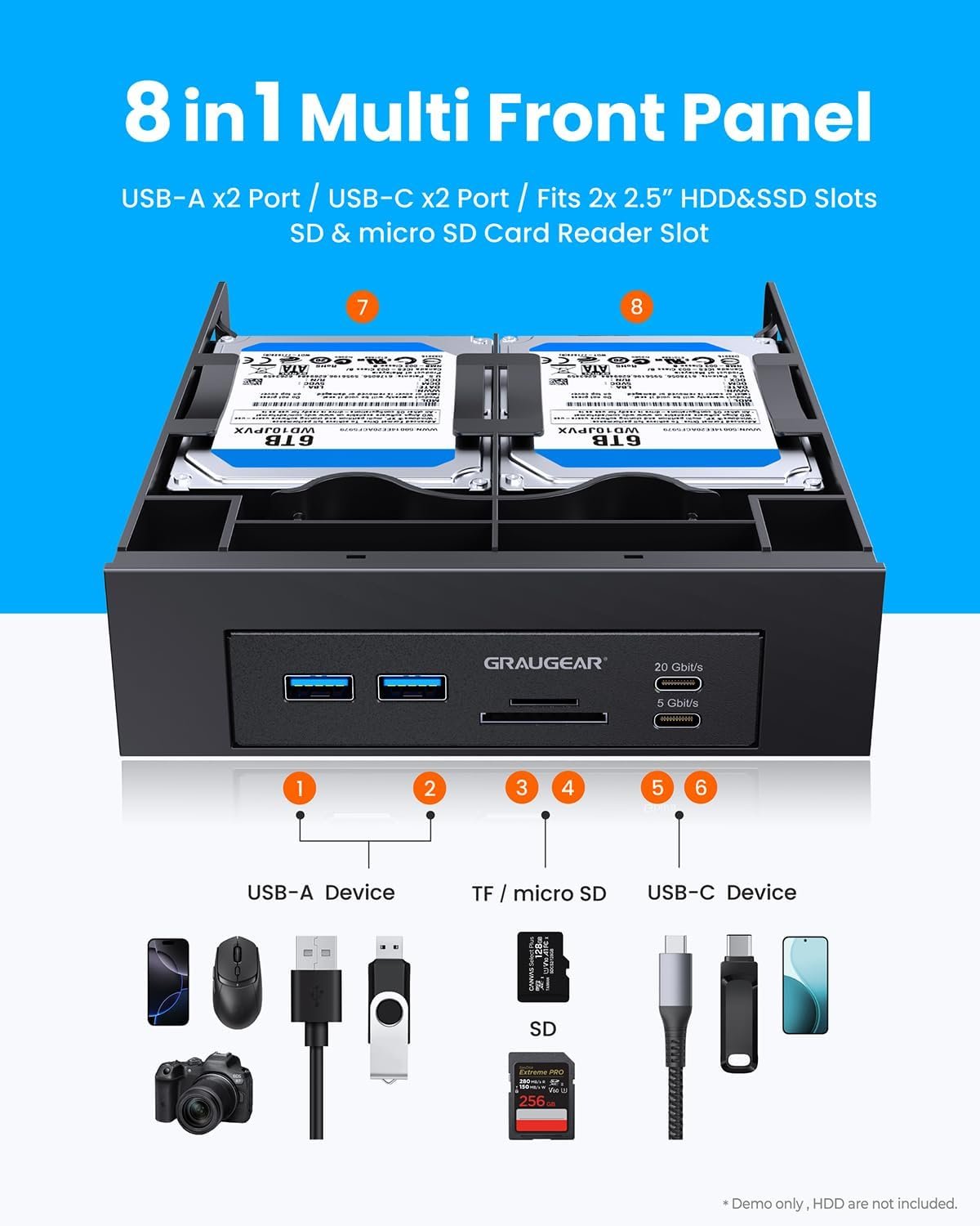 GRAUGEAR 5.25" Front Panel USB Hub, Internal SD/MicroSD Card Reader for Desktop PC, USB-C Gen2x2 20Gbps Port, Dual 2.5" SSD/HDD Slot, USB 3.2 Type-E Key-A and USB 3.0 19-Pin Header - Image 6