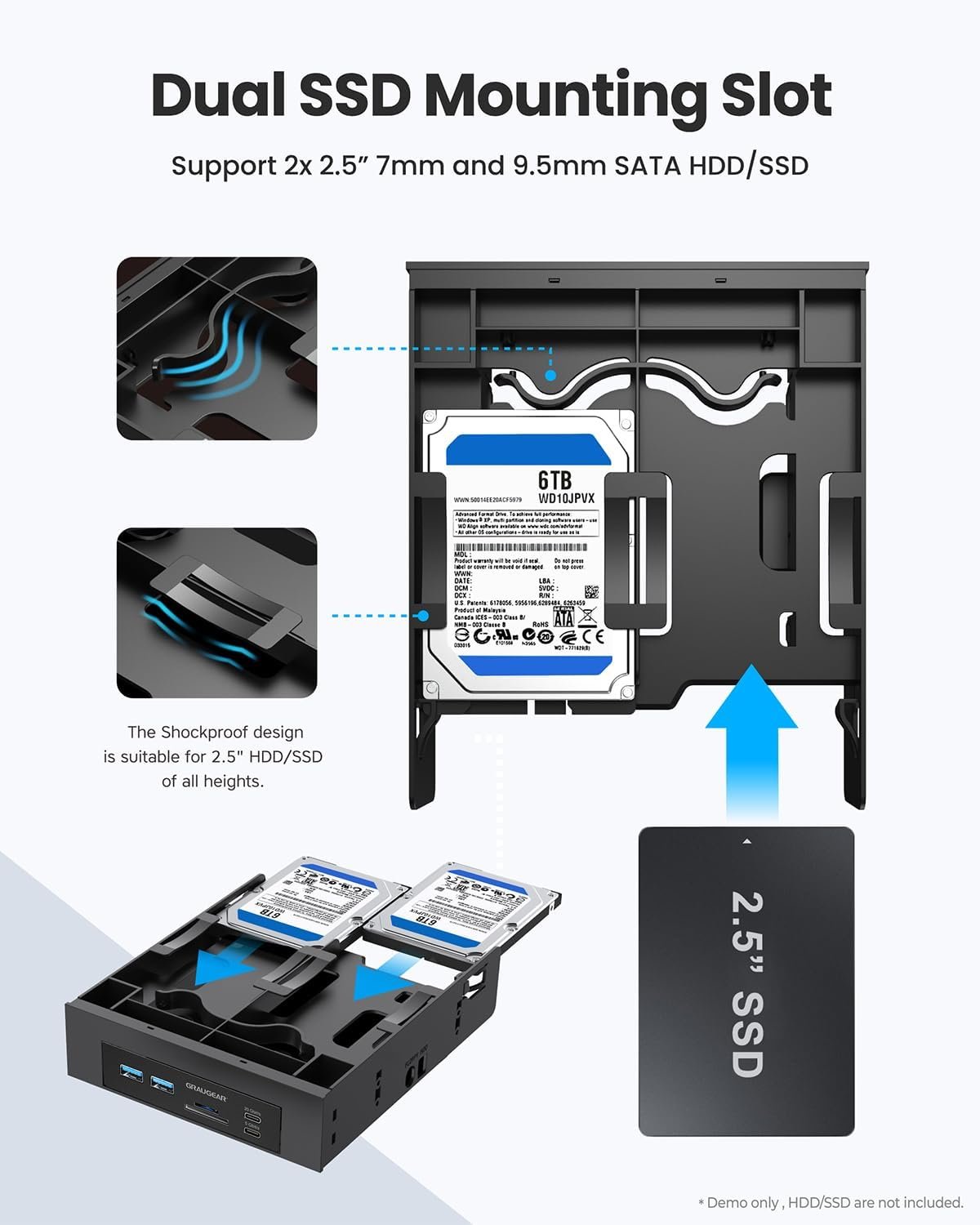 GRAUGEAR 5.25" Front Panel USB Hub, Internal SD/MicroSD Card Reader for Desktop PC, USB-C Gen2x2 20Gbps Port, Dual 2.5" SSD/HDD Slot, USB 3.2 Type-E Key-A and USB 3.0 19-Pin Header - Image 7