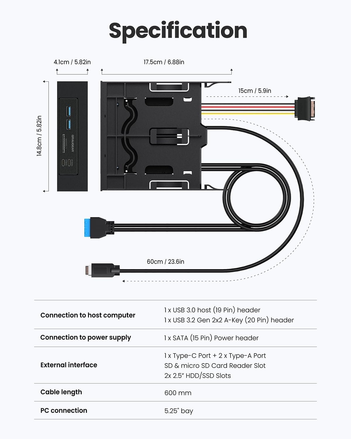 GRAUGEAR 5.25" Front Panel USB Hub, Internal SD/MicroSD Card Reader for Desktop PC, USB-C Gen2x2 20Gbps Port, Dual 2.5" SSD/HDD Slot, USB 3.2 Type-E Key-A and USB 3.0 19-Pin Header - Image 10