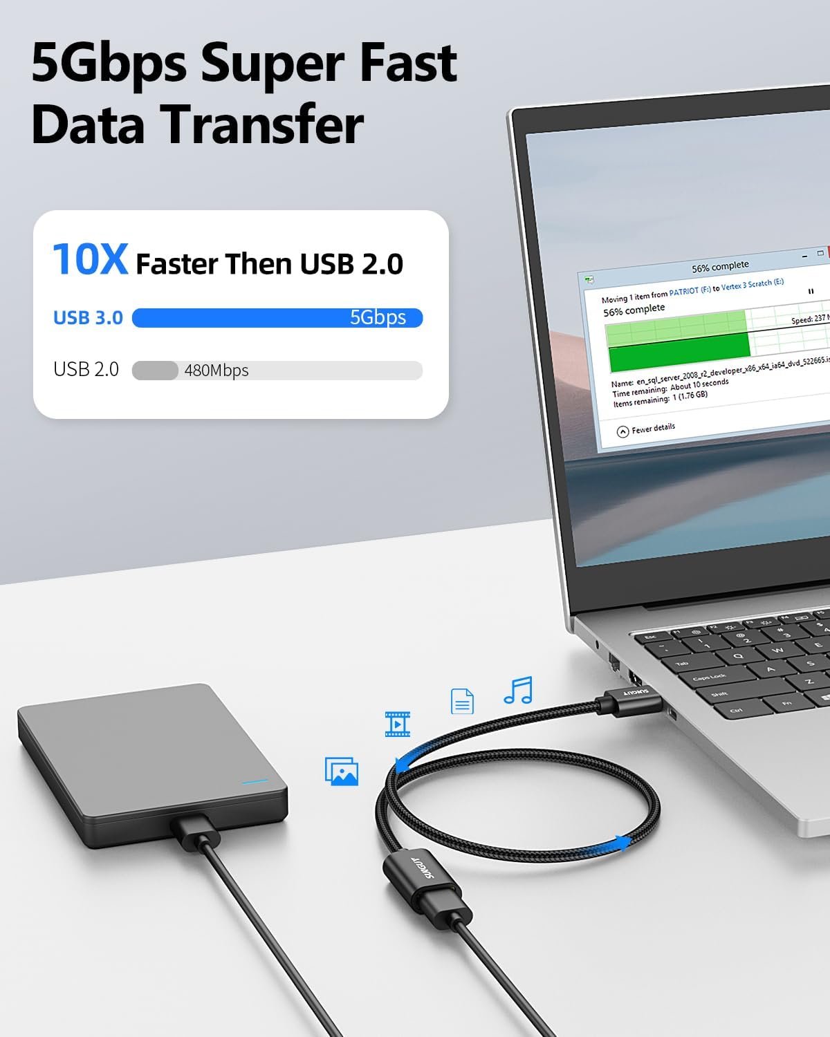SUNGUY USB 3.0 Extension Cable, 3 Meters 5Gbps Male to Female for Flash Drive, Hub, Card Reader, Keyboard, Printer, Scanner, Camera - Black - Image 3