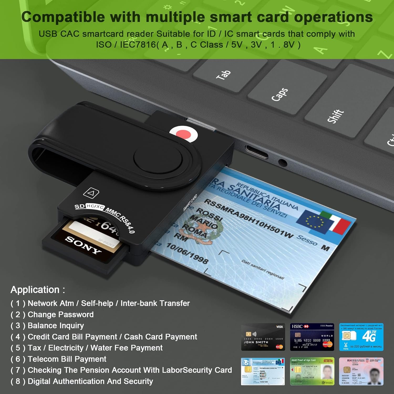4 in 1 Smart Card Reader Health Card Reader SIM Card Reader Support Digital Signature SD Card Reader and Micro SD Reader SIM Card Reader for CAC/SIM/ID/IC/Chip Card (E-Tax) - Image 5