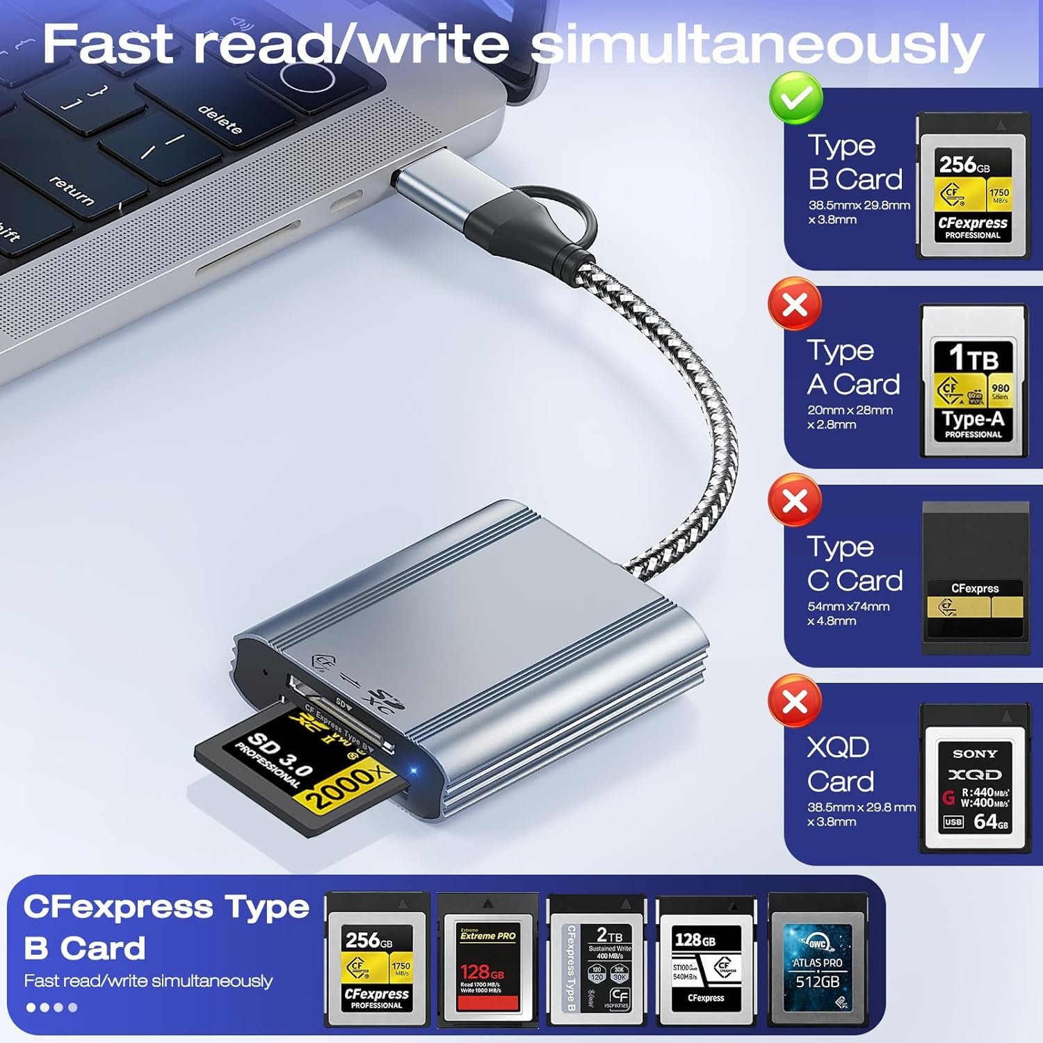 Lettore 2 in 1 CFexpress Tipo B e Lettore di Schede SD, USB 3.2 Gen 2 in Alluminio, Interfaccia USB-C/USB-A, Adattatore per Schede CFexpress da 10 Gbps, Compatibile con Windows/Mac/Linux/Android - Image 5