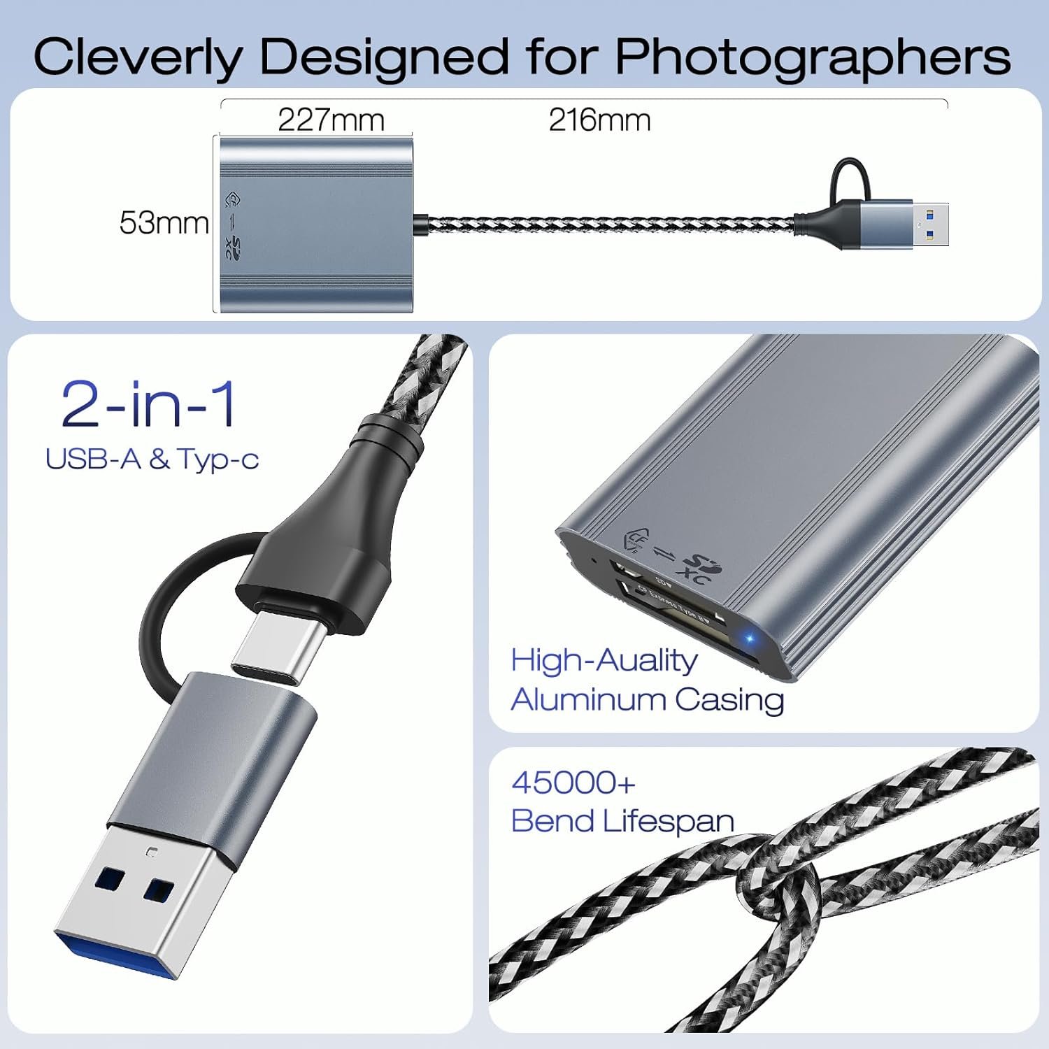 Lettore 2 in 1 CFexpress Tipo B e Lettore di Schede SD, USB 3.2 Gen 2 in Alluminio, Interfaccia USB-C/USB-A, Adattatore per Schede CFexpress da 10 Gbps, Compatibile con Windows/Mac/Linux/Android - Image 7