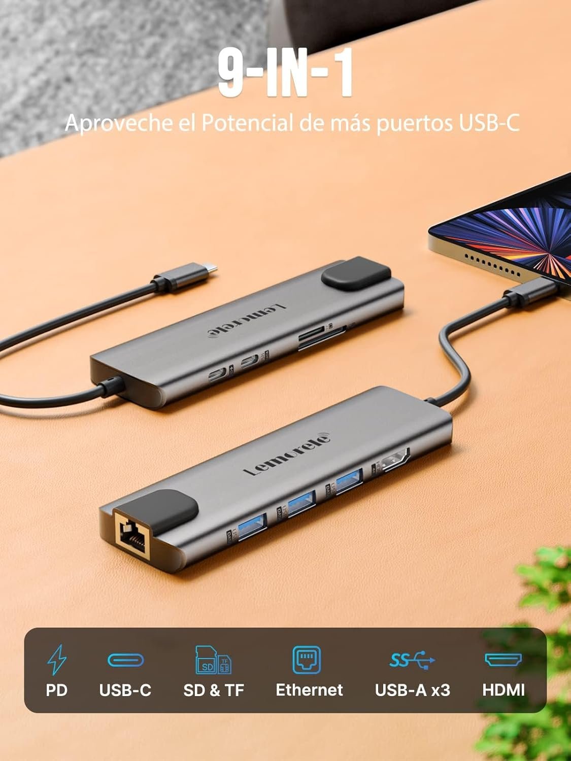 Lemorele USB C Hub with Ethernet RJ45 1000M - 10 en 1 Aluminium Case Adapter USB C Hub to HDMI 4K, 3 USB-A 3.0, PD 100W, SD/TF, USB-C Data for Macbook Air/Pro, iPad, Windows, Switch - Image 6