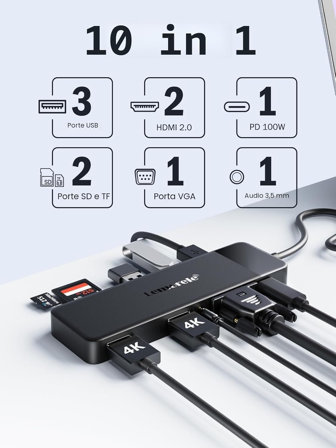 Lemorele USB C Hub Docking Station 3*Display -10 in 1, Dual Monitor with 2 HDMI 4K, VGA, AUDIO, 3 USB 3.0/2.0, PD 100W, SD/TF, Docking Station to MacBook/DELL/Windows/HP/Surface - Image 3