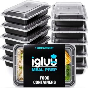 Contenitori per alimenti in plastica riutilizzabili Igluu ​​Meal Prep con coperchio (set da 10) - impilabili, adatti per microonde, congelatore, lavastoviglie - 28 once - 1 scomparto - Senza BPA