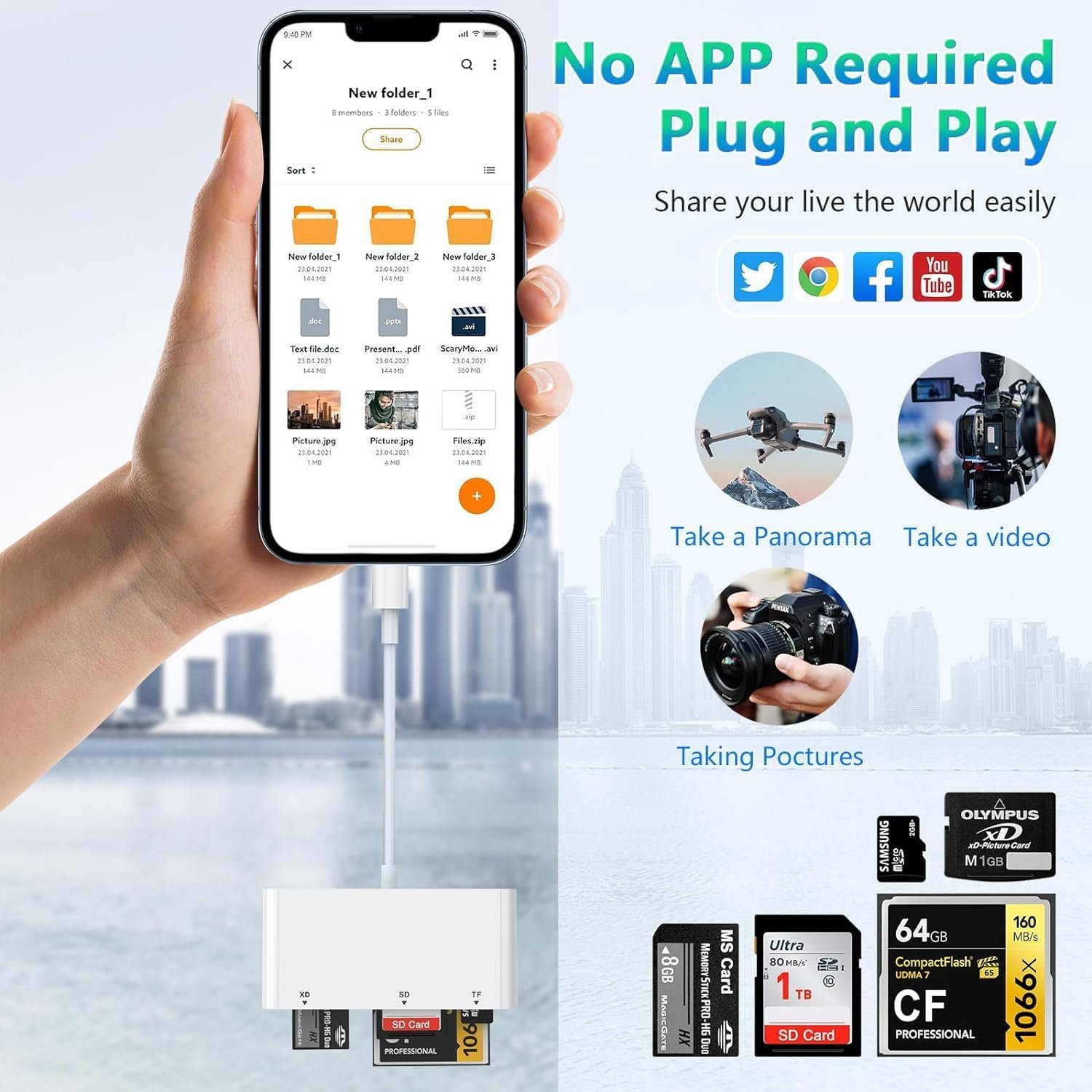 iPhone SD Card Reader, iPhone 5 in 1 Multi Memory Card Reader for XD, CF, SD, TF Card, SD Memory Card Reader Adapter for iPhone 14/14 Pro/14 Pro Max/13/12/iPad - Image 7